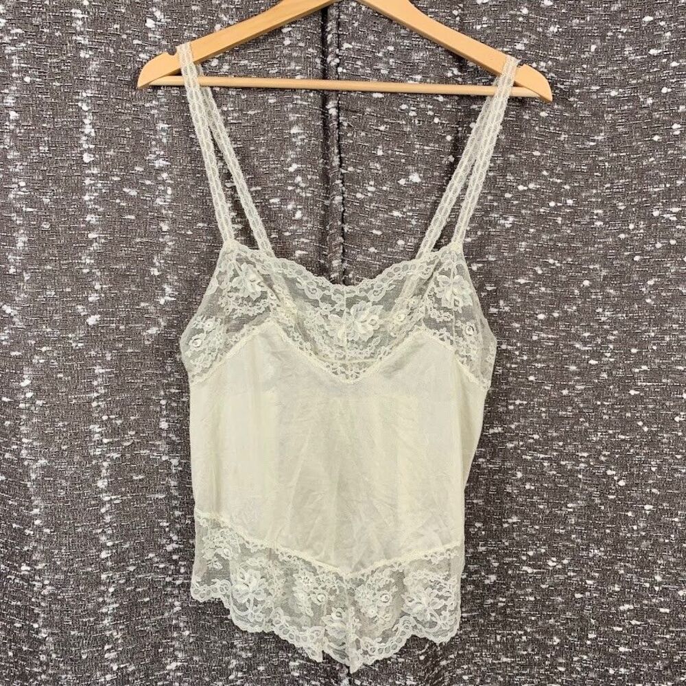 Vintage 60s Glydons‎ Hollywood White Lace Satin Tank Top Women's Large
